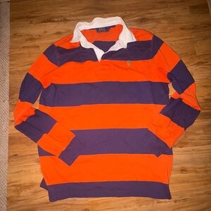 Ralph Lauren Men's Orange and Blue Striped Long Sleeve Polo